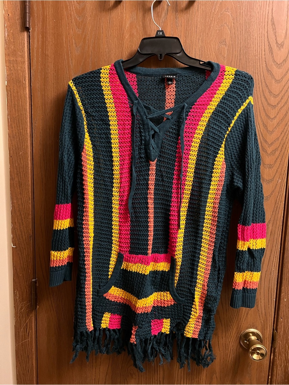 torrid green Knit Lace-Up Pullover with yellow & Orange stripes.